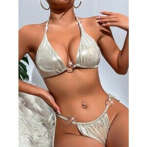 Large Silver Apricot Shimmery Ring Linked Halter Triangle Tie Side Bikini Swim